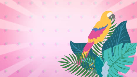animación de loros y hojas de plantas tropicales sobre un fondo a rayas rosadas