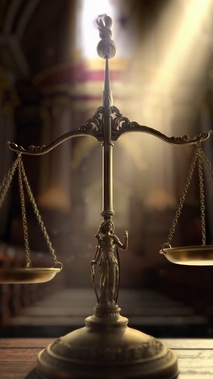 Video drammatico dal basso verso l'alto di elaborate bilance della giustizia, illuminate da una luce calda e focalizzata