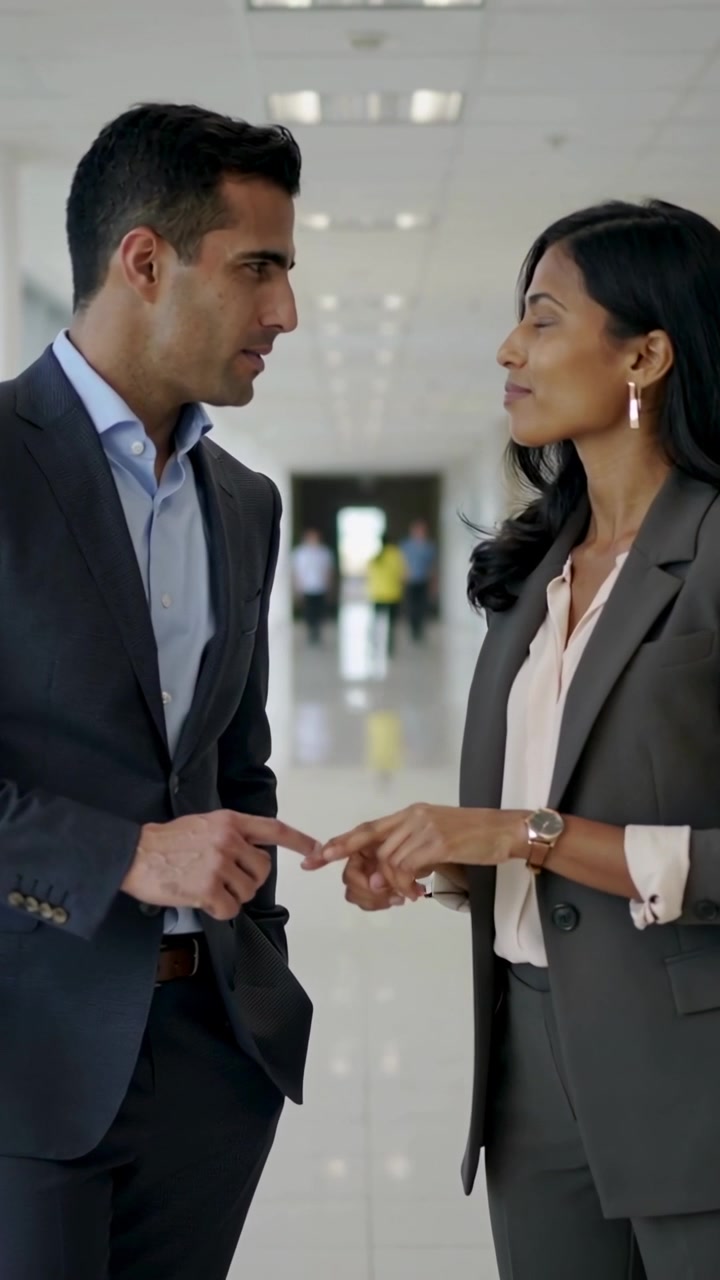 Video verticale: Avvio di un colloquio chiarificatore tra due persone in abiti eleganti che tengono una penna e si toccano gli indici in ufficio.