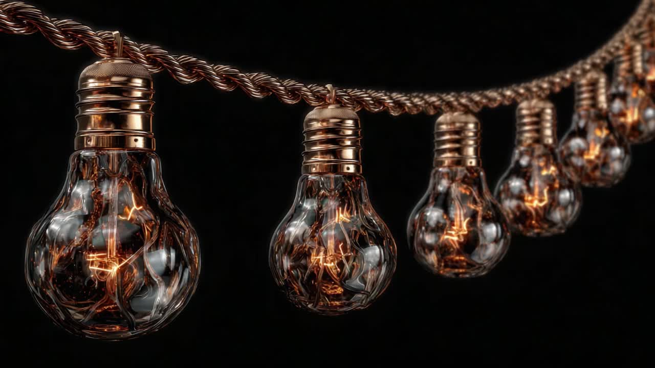 A Beautiful Close-up of Decorative String Lights with Vintage Bulbs Illuminating Against a Dark Background, Highlighting the Warm Glow and Intricate Wiring Design