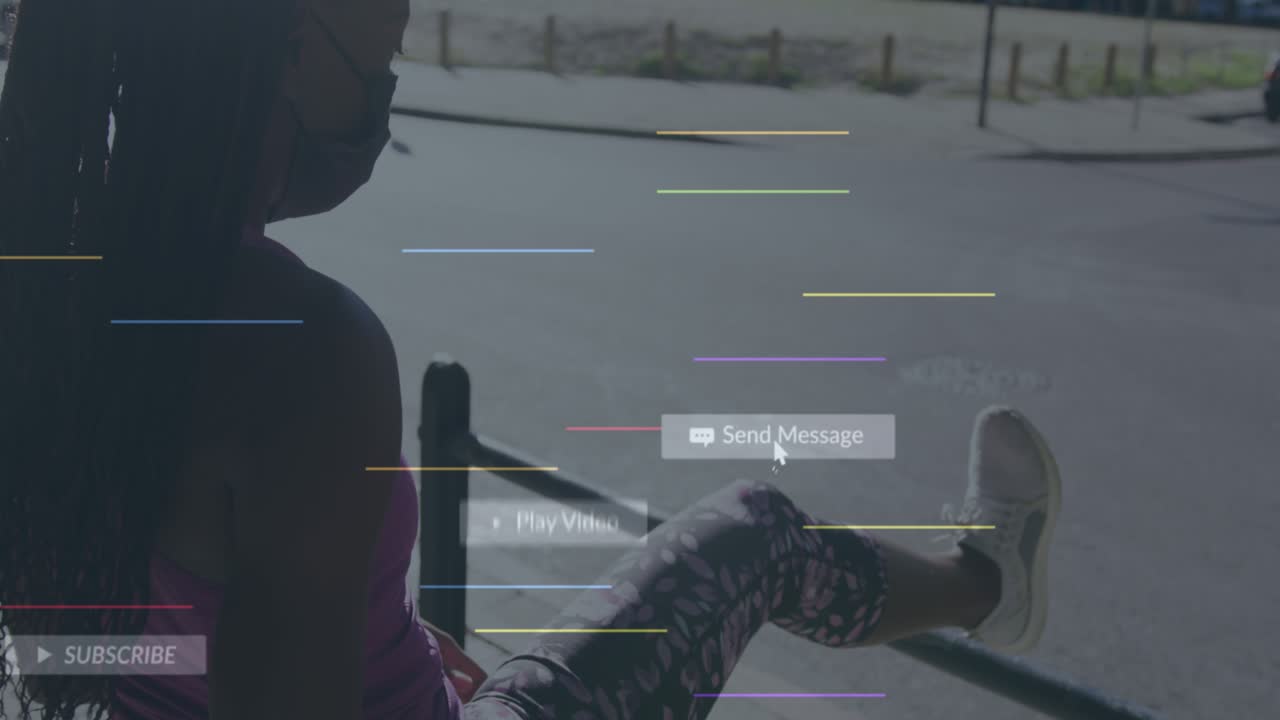 Animazione di icone di social media su una donna afroamericana in forma che allunga la gamba.
