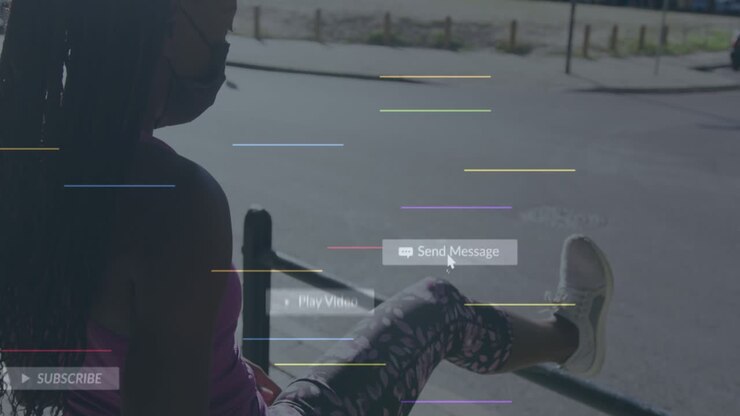 Animation of social media icons over african american fit woman stretching her leg