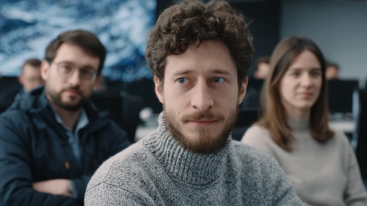 A Thoughtful Discussion Among Colleagues in an Office Setting: Engaging Faces Captured in a Moment of Reflection and Interaction