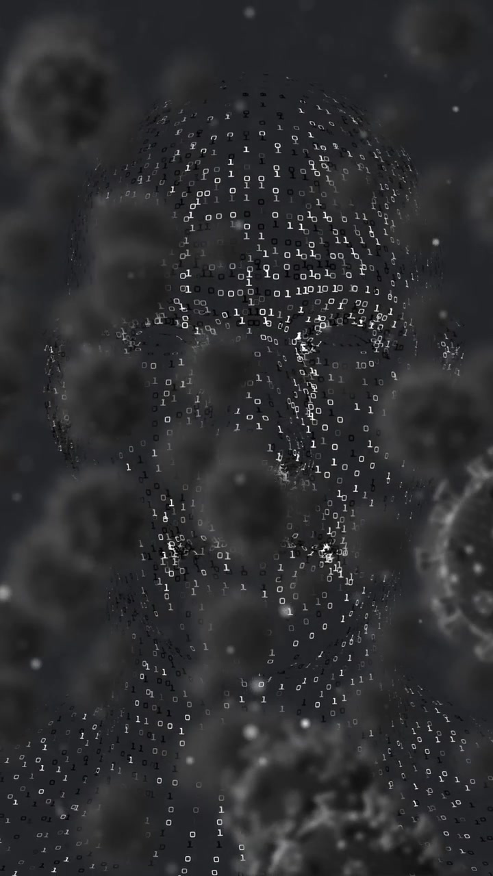 Animation of covid 19 cells falling over dark background