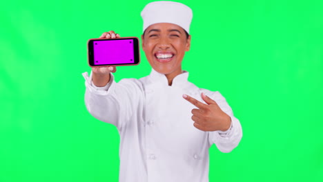 Chef,-phone-and-woman-presentation-on-green-screen