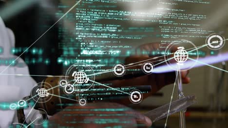 animation of network of connections and data processing over biracial male scientist