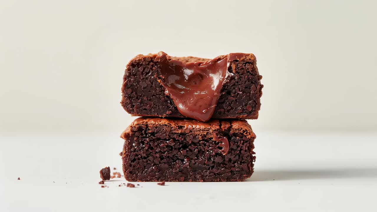 Soluk renkli bir masa üzerinde erimiş ganaj akan, üst üste duran iki adet çikolatalı brownie.