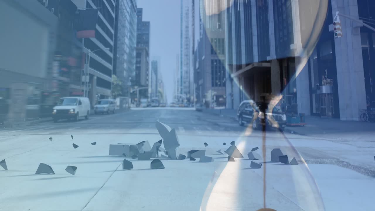 Animation of crushing euro currency sign, cityscape over hourglass