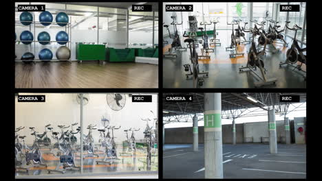 four security camera views of gym exercise room interiors, equipment and carpark, slow motion