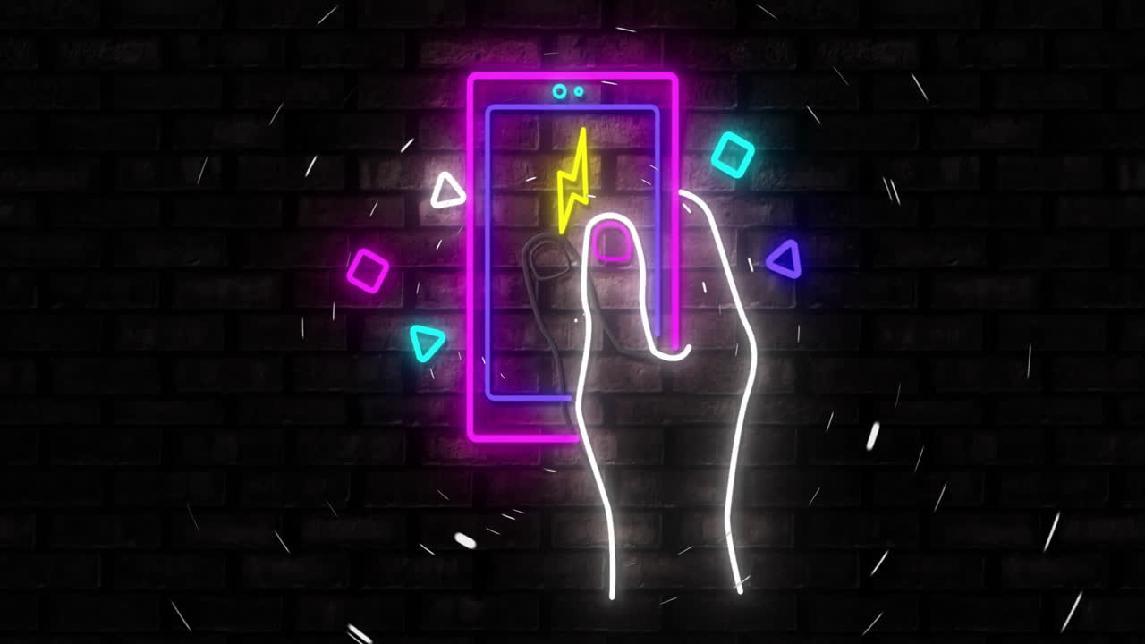 Animation of white shapes moving over neon hand using smartphone