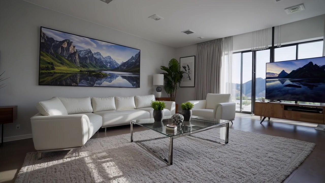 Interno di soggiorno moderno con divano bianco e vista sulle montagne
