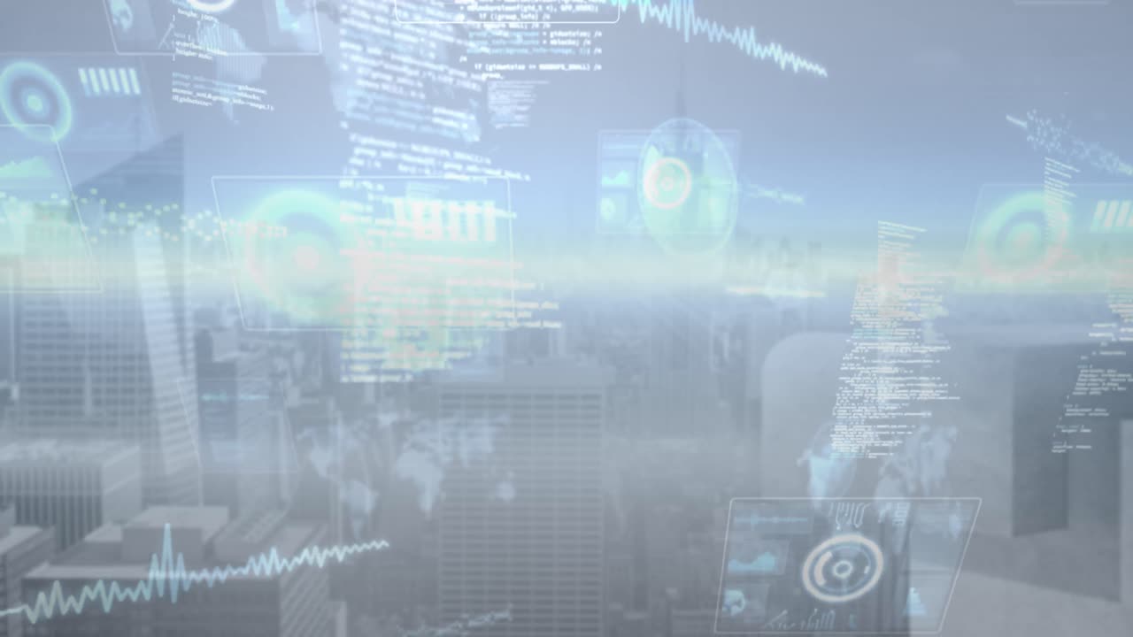 도시 풍경 위의 데이터 처리 애니메이션