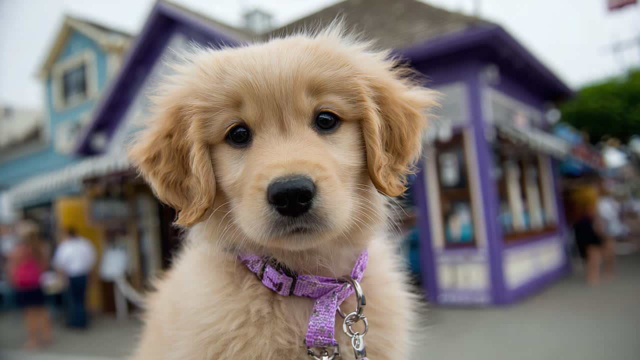 Charming Golden Retriever Puppy Captured in Two Frames, Radiating Adorable Expressions While Standing Against a Colorful Background