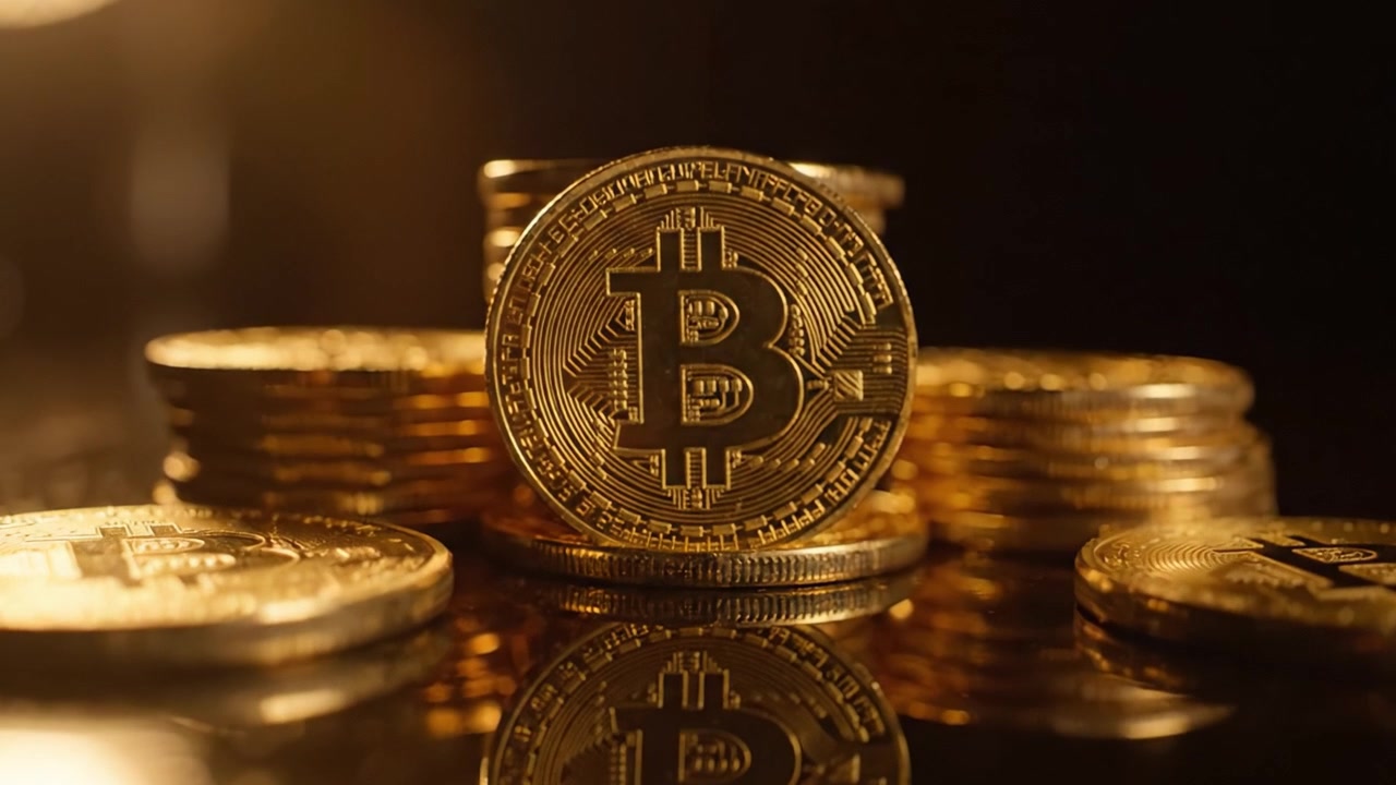 Uma exposição cintilante de moedas Bitcoin, destacando o futuro do investimento em moeda digital e a liberdade financeira através da riqueza em criptomoedas.