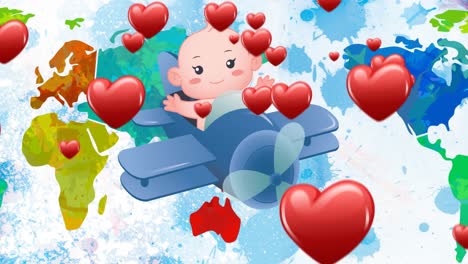 Animation-of-baby-in-airplane-and-red-hearts-flying-over-world-map