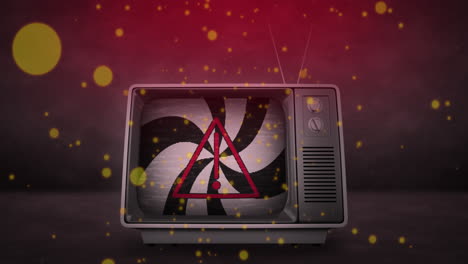 animation of black and white stripes and warning triangle over retro tv on light spots