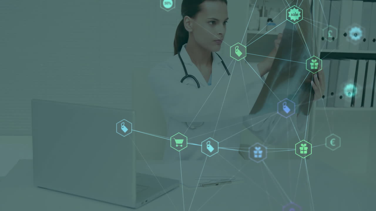 Female doctor examining X-ray at desk with laptop, showcasing health technology with shopping icons