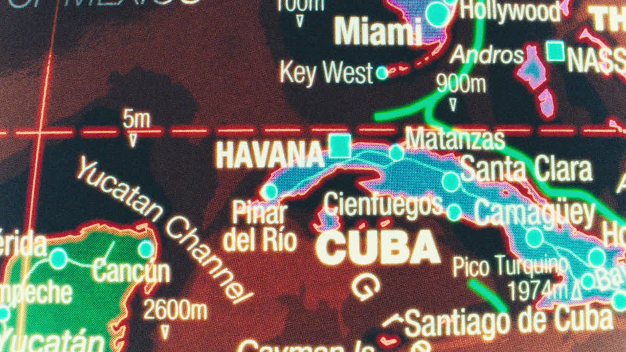 A close-up view of a map showing Cuba, the Caribbean, and parts of North America