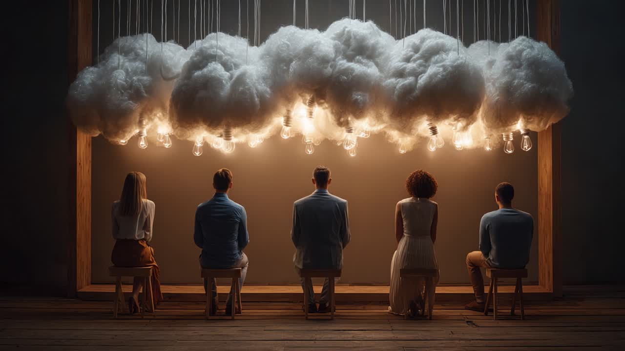 A Captivating Moment of Contemplation: Five Individuals Suspended in Thought Beneath a Dreamy Cloud of Lights, Each Immersed in Unique Reflection and Inspiration