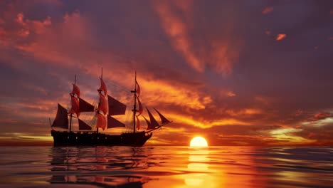 large medieval ship on the sea on a sunset. the old medieval ship gracefully sails in the open sea