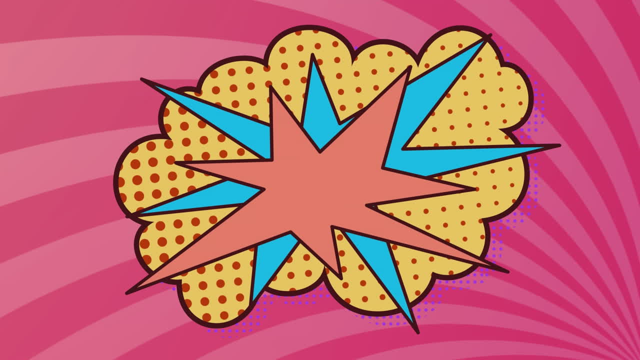 animación de una burbuja de habla retro sobre una nube amarilla con puntos y rayas rosadas