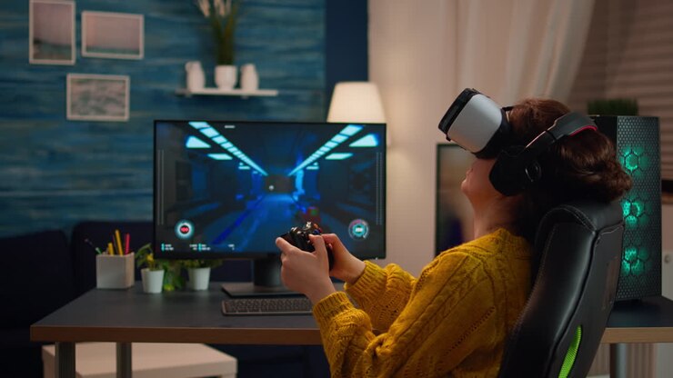 Giocatore professionista con visore per realtà virtuale che utilizza un controller wireless