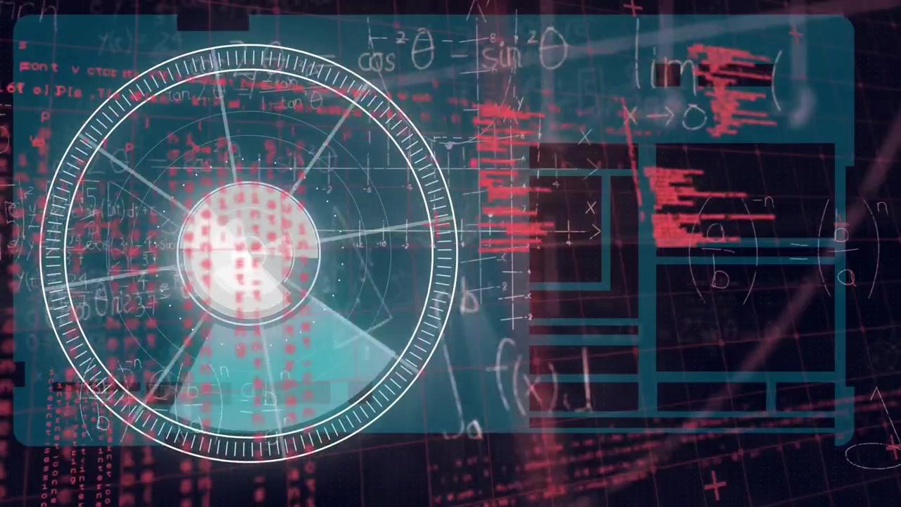 Animation of neon round scanner, data processing and mathematical equations on black background