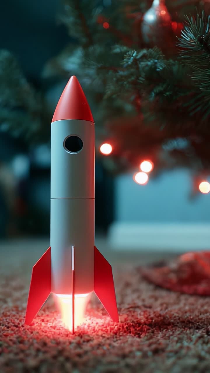 A festive rocket toy ignites its colorful lights, ready for launch beneath a beautifully decorated Christmas tree, showcasing a perfect blend of holiday spirit and imaginative playfulness for all ages