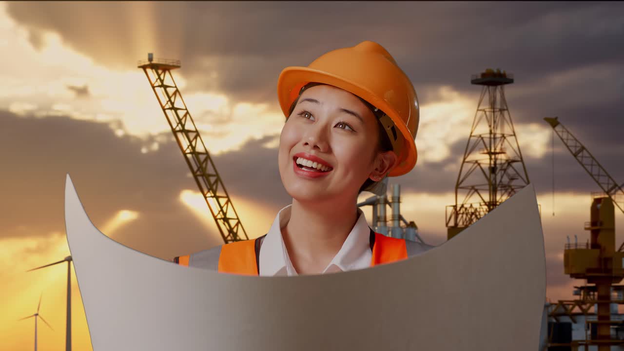 Close Up Of Asian Female Engineer With Safety Helmet Looking At Blueprint In Her Hands And Looking Around While Standing With Hydrogen Production