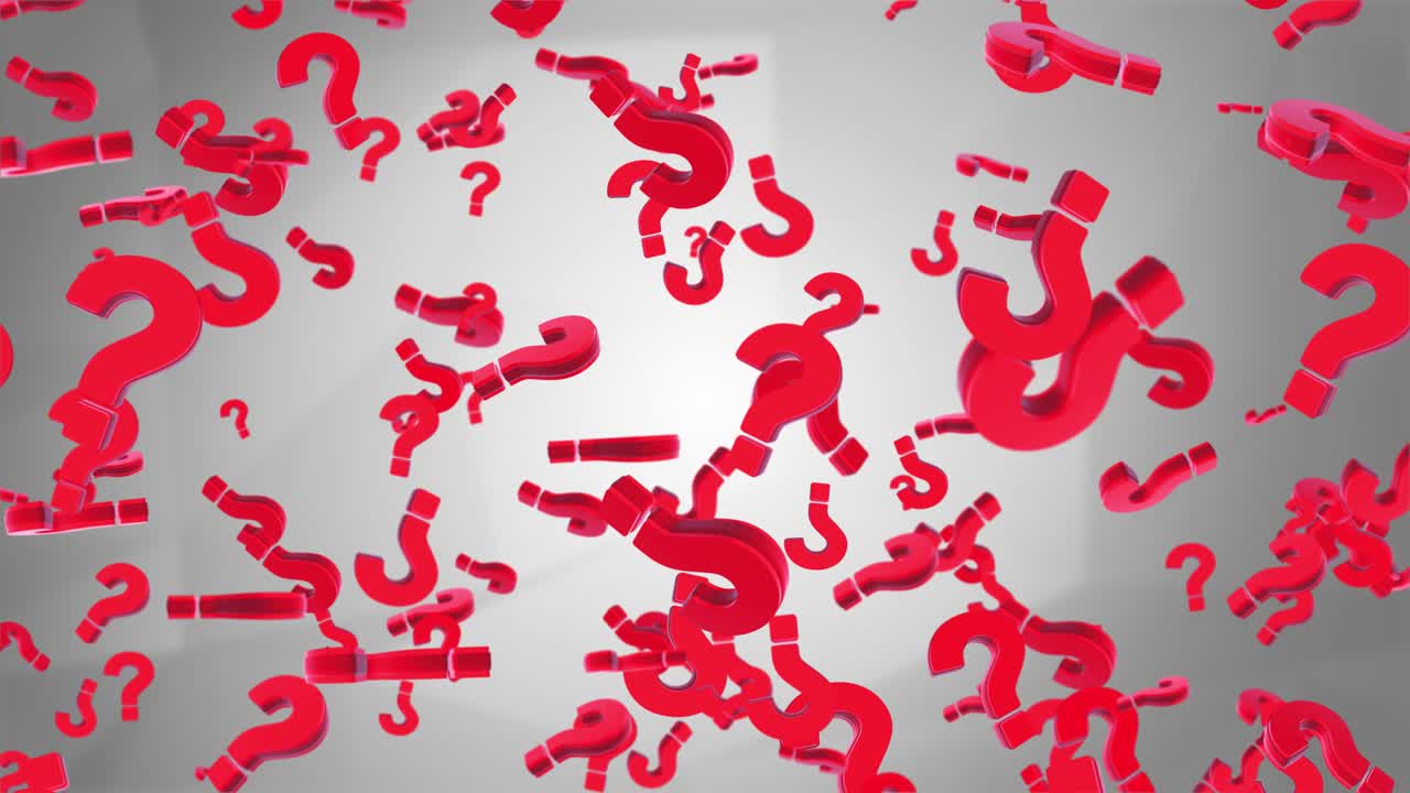 4K Ascending and rotating 3D gold question marks on Red loop background.