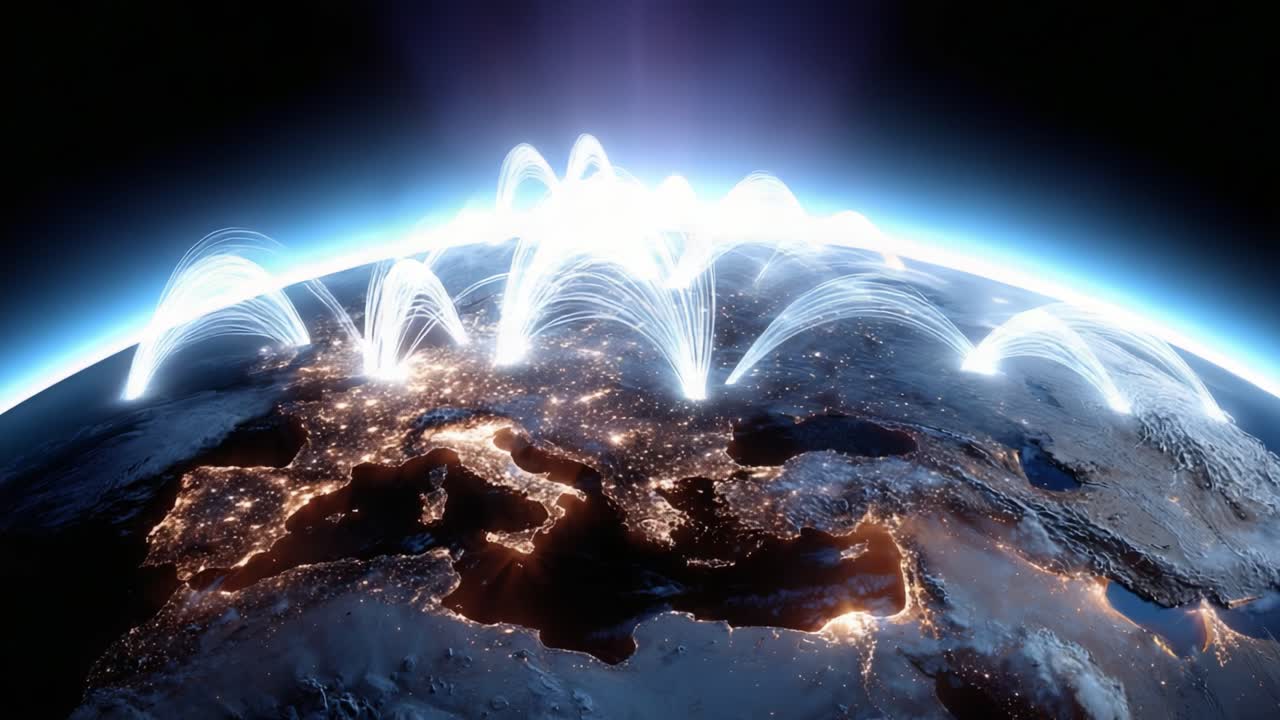 A Stunning Visualization of Earth's Connectivity: A Nighttime Overview of Europe Illuminated by Data Transfers, Networks, and Global Communication Lines