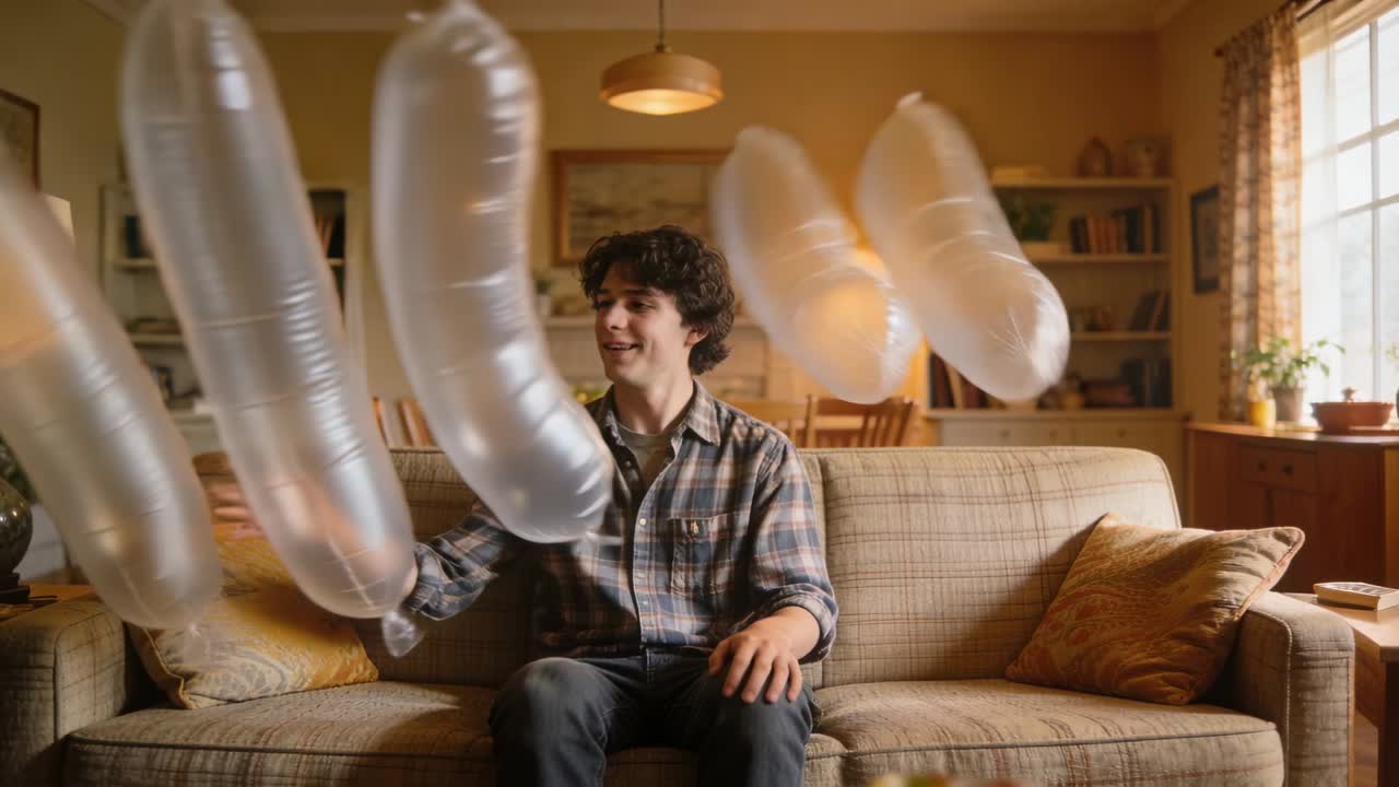 Des tubes flottants apparaissent, un homme en chemise à carreaux et jean tendant la main pour toucher des tubes transparents sur un canapé.