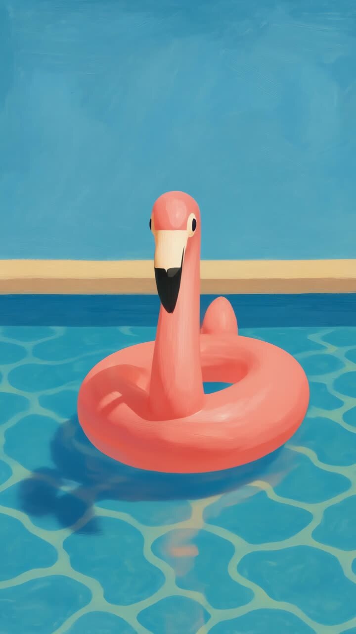 Aerial view of a pink flamingo float in a clear blue pool, capturing a playful summer vibe