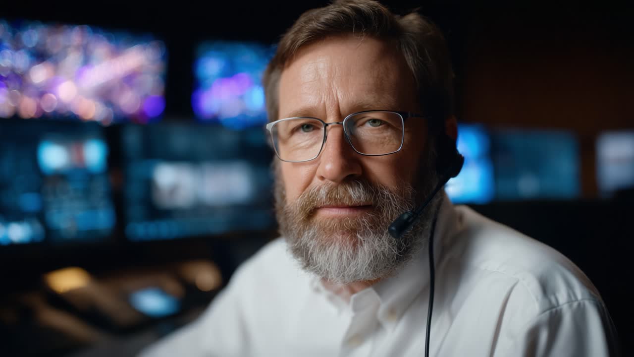 Focused Operator in Control Room Engaged with Technology, Ready to Manage Operations and Provide Expert Guidance in Live Broadcast Environments