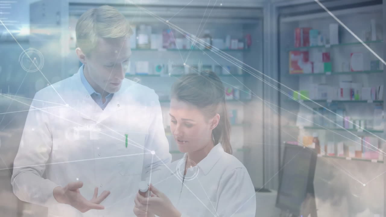 Two pharmacists examining medicine vial in pharmacy lab, showcasing digital network overlays
