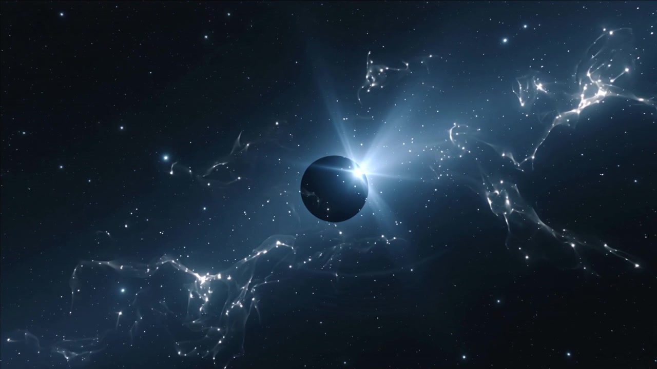 Un bagliore appare dietro un pianeta scuro, proiettando raggi, illuminando una nebulosa e formando un anello luminoso nello spazio.
