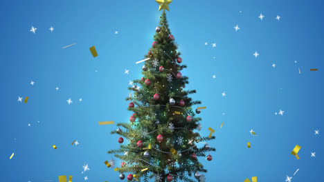 animation of falling snowflakes and confetti over christmas tree