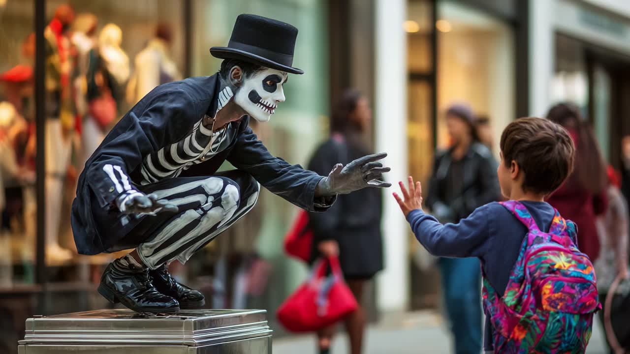 A captivating encounter between a skeleton performer and a curious child in a lively urban setting, showcasing the wonder of street artistry and interaction