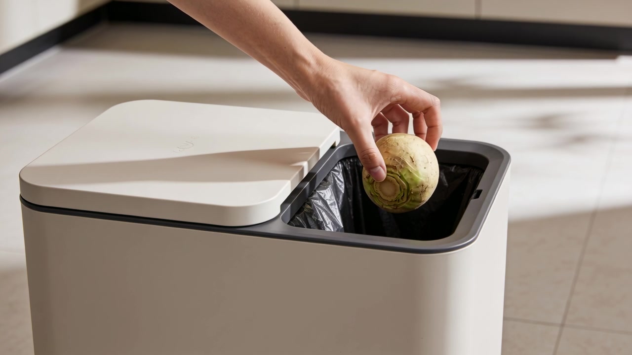 Entering frame adult hand placing green kohlrabi into dual kitchen bin, smoothing bag for disposal
