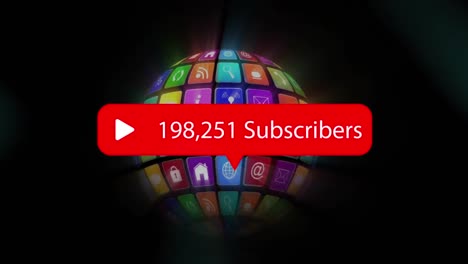 animation of subscribers growing number over globe with icons on black background
