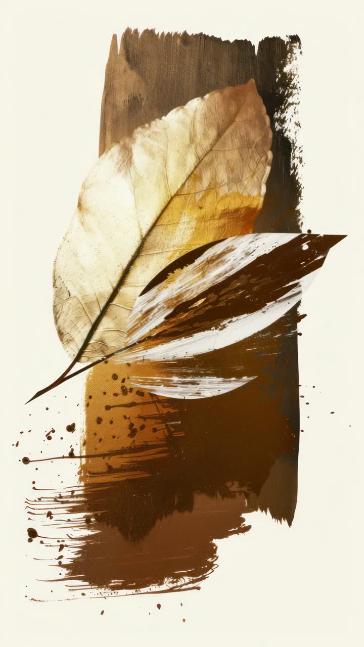 Top-down view of dried leaves on abstract brown brushstrokes