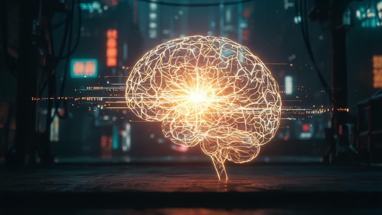 A Stunning Visualization of a Pulsating Brain: A Glowing Representation of Neuroactivity Illuminating an Urban Environment