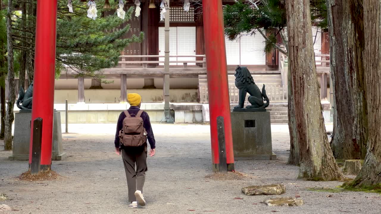 Male traveler walking through Japanese temple grounds, bowing at torii gate