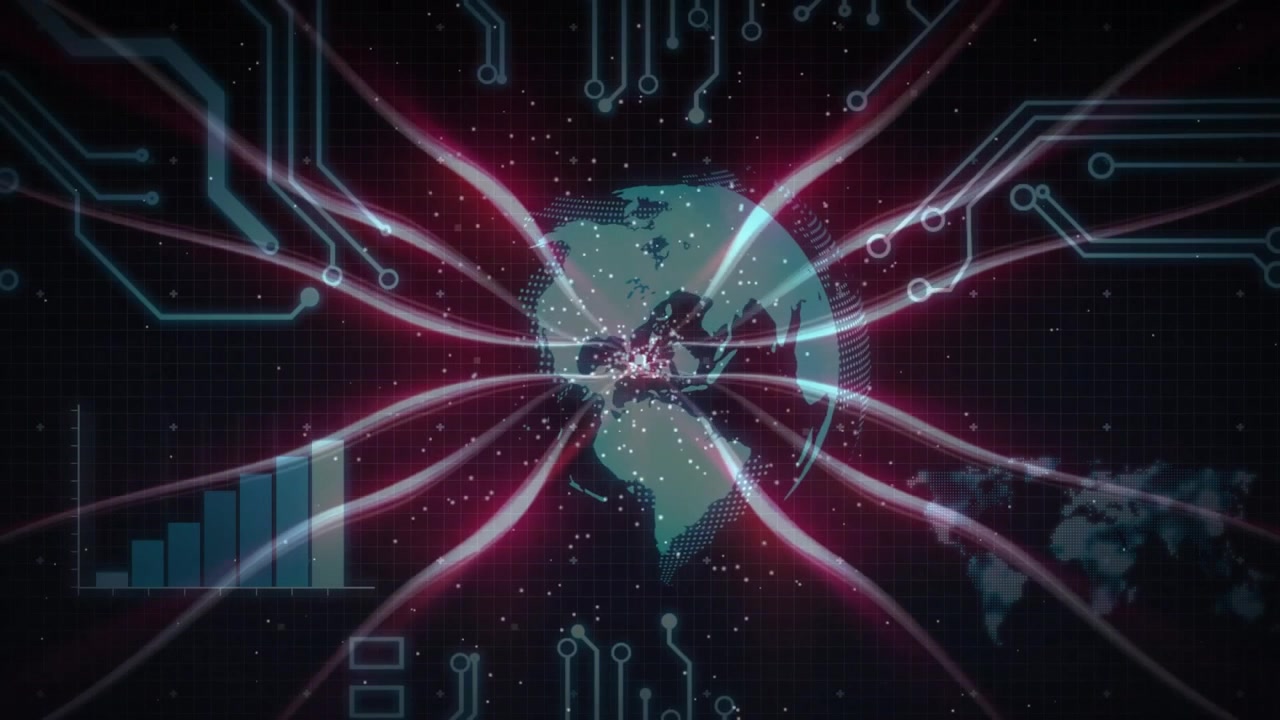 Glowing globe appearing on dark grid, radiating streams and growing bars visualizing data flow