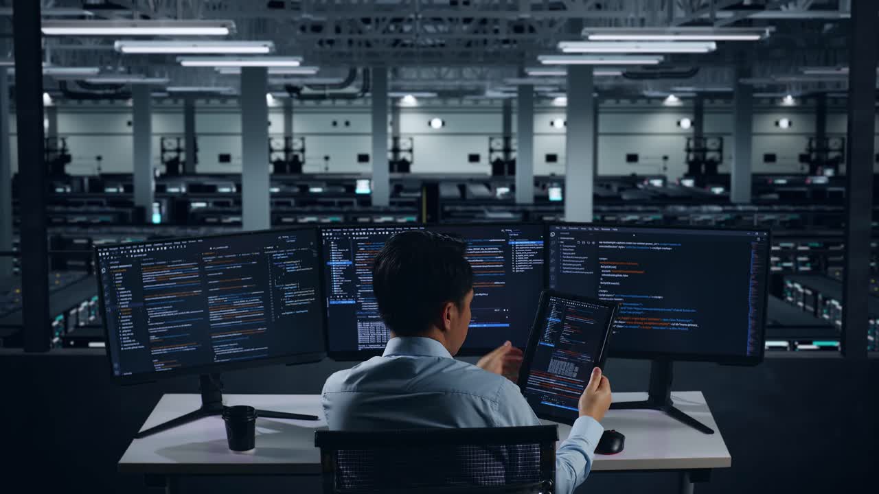 Back View Of Asian Man Developer Working With Tablet While Write Code With Multiple Computer Screens In Data Center