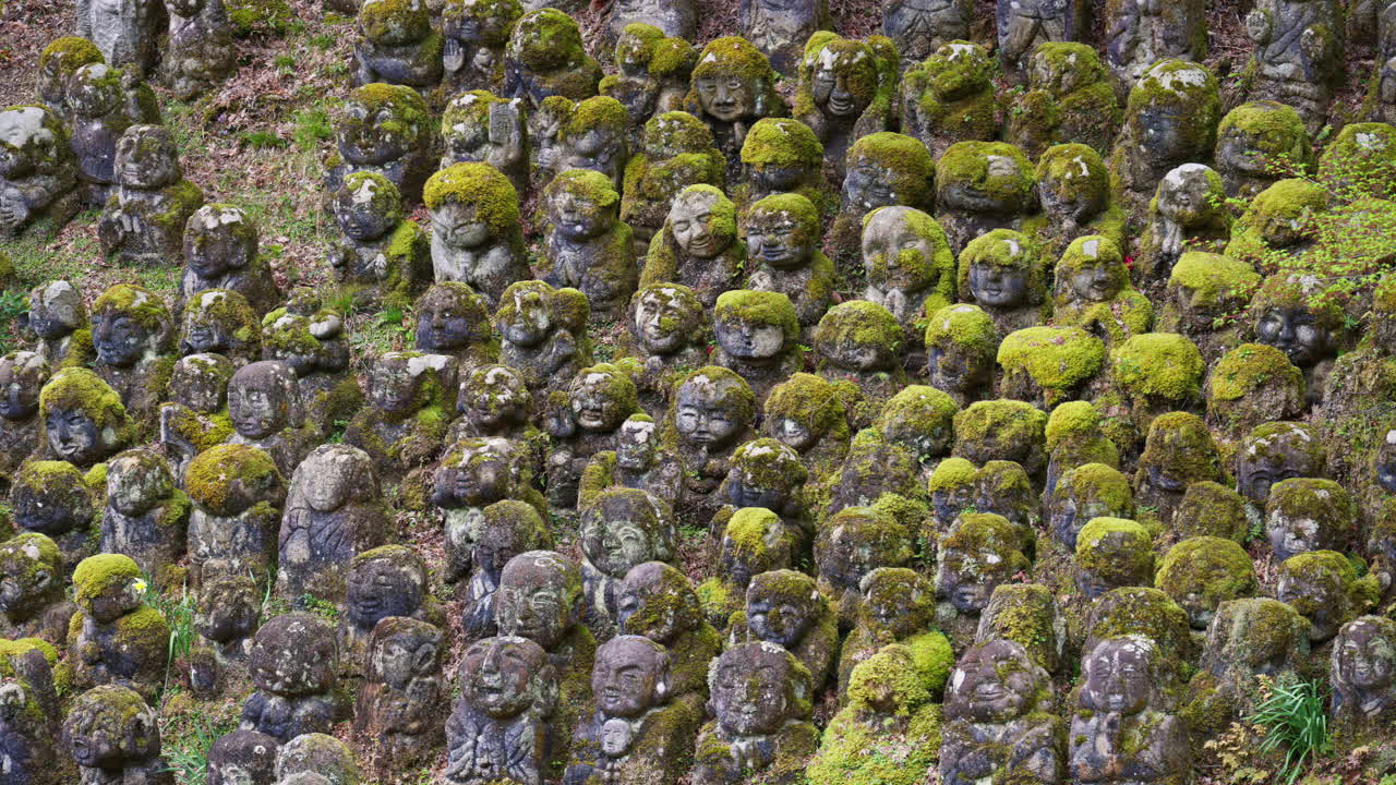Moss-covered arhat statues covering the hillside around the temple grounds at the Otagi Nenbutsuji Temple in Kyoto, Japan