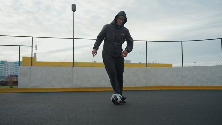 Man skillfully controlling soccer ball with feet on sport arena during training session, background features urban buildings, fencing, and goalpost