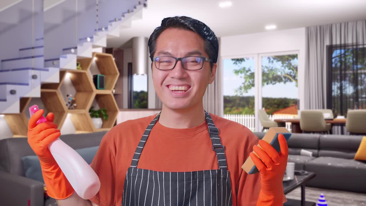 家の中に立っている間スプレーとキッチンスポンジを見ているエプロンを着た笑顔のアジア人男性家政婦のクローズアップ