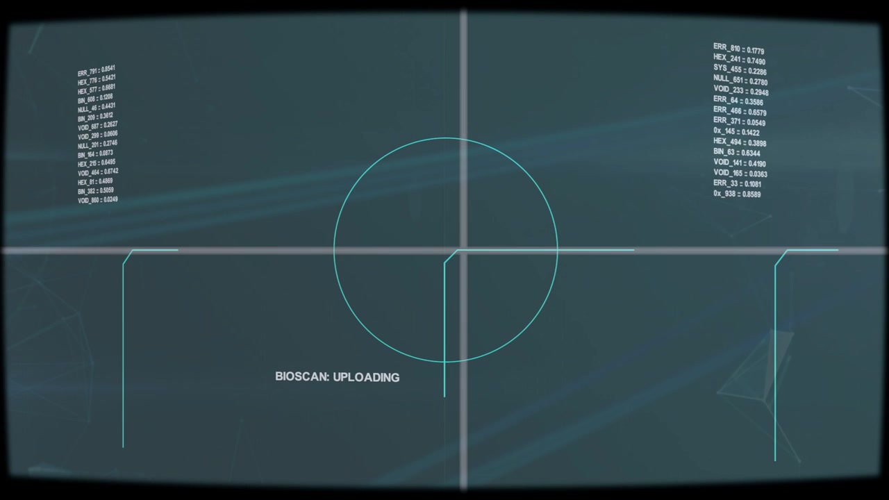 HUD showing BIOSCAN: UPLOADING appearing, reticle rotating, segments indicating upload progress