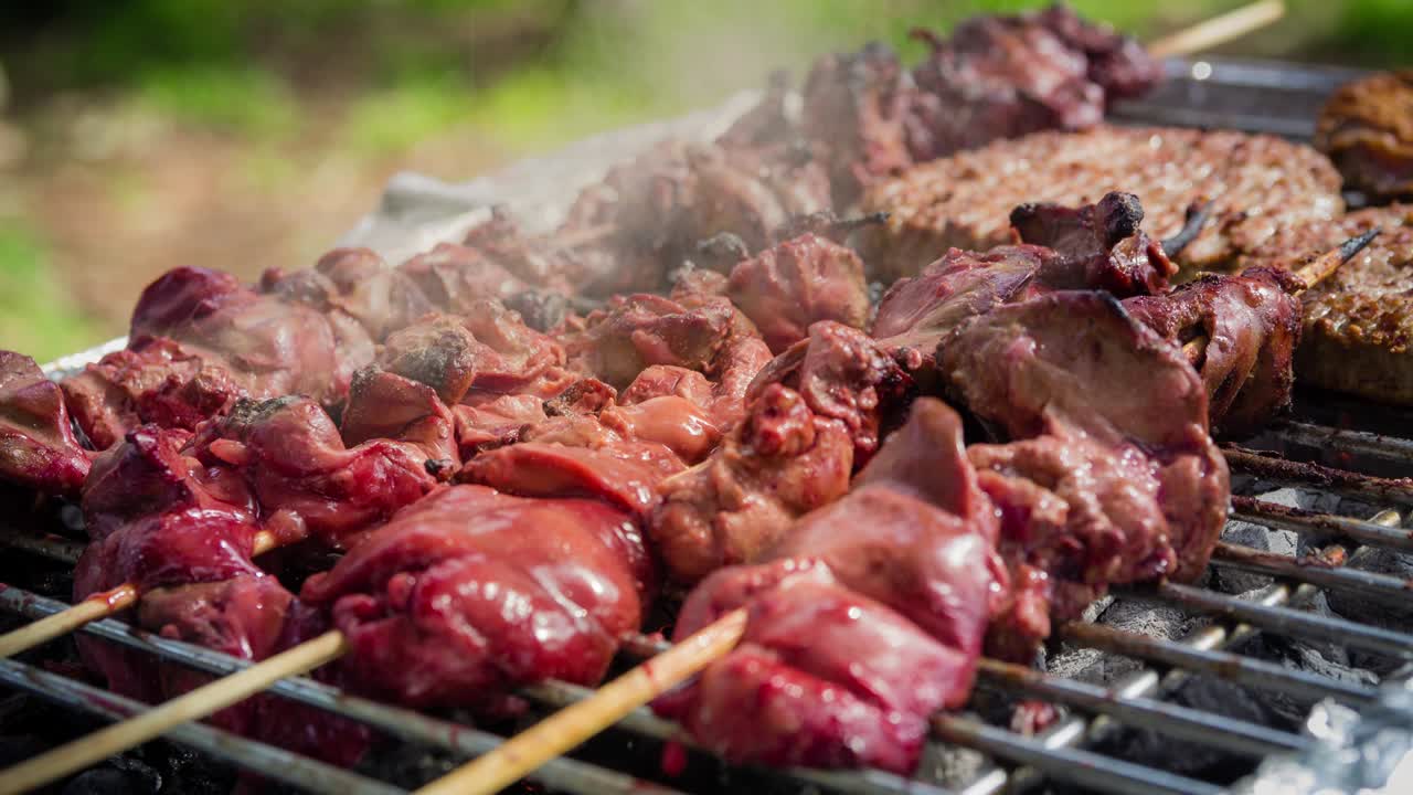 뜨거운 bbq 그릴에서 다양한 종류의 고기를 요리하는 과정에서 방출되는 연기의 영화